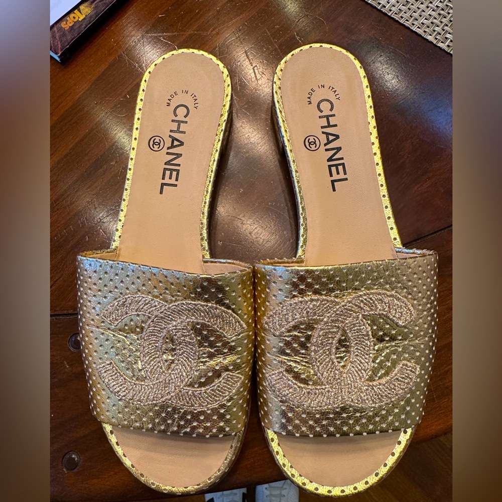 Chanel gold leather slides